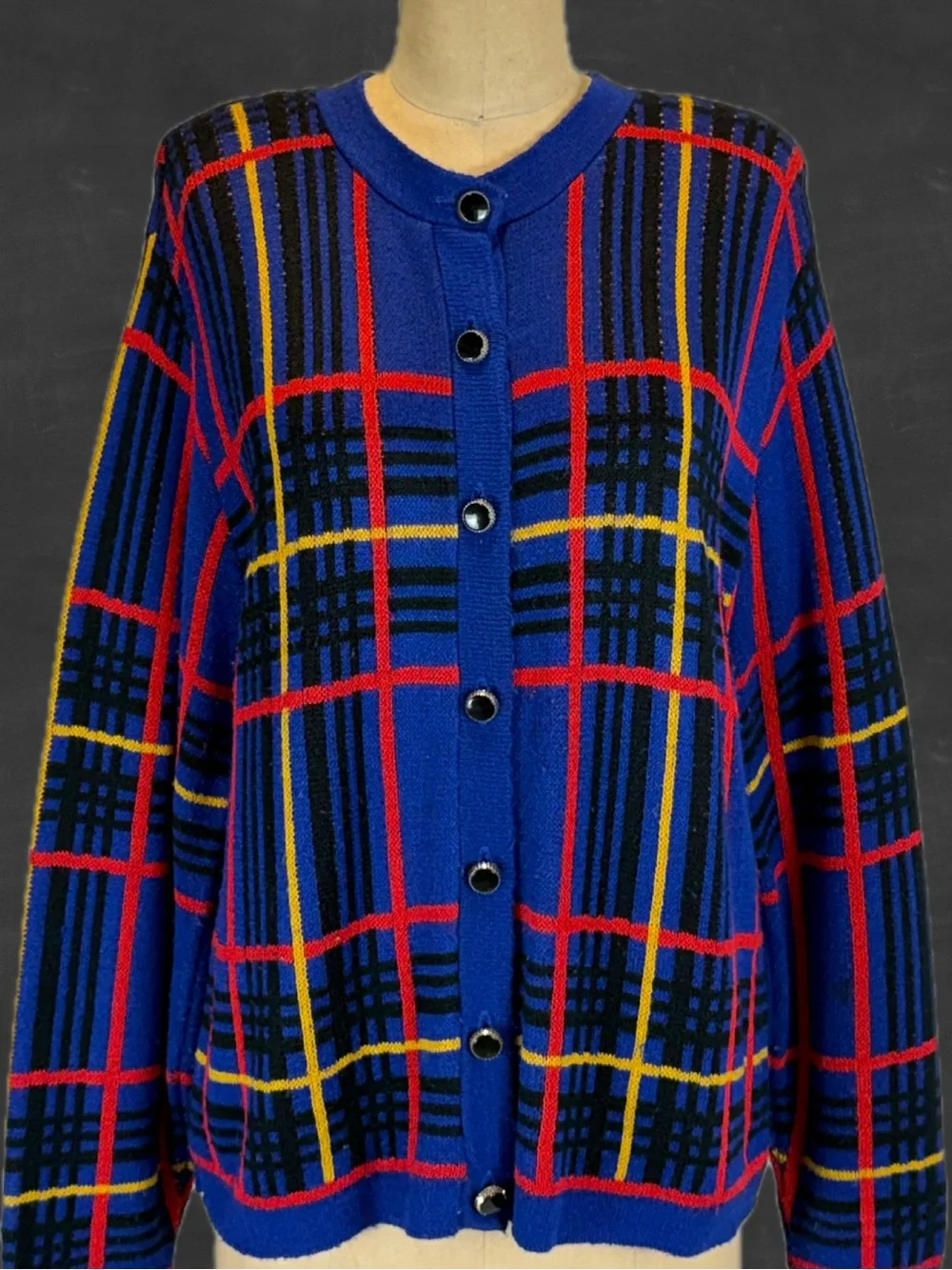 VINTAGE 90s bold funky artsy plaid knit sweater cardigan oversized drop shoulder